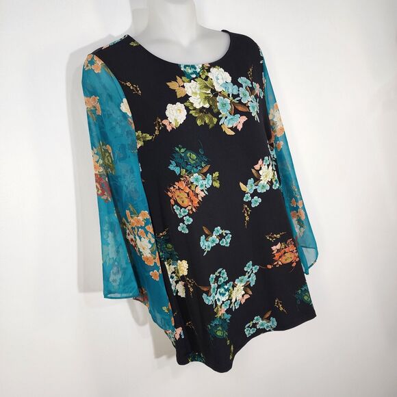 Chico's Top Womens Size 0 Small Floral Woven 3/4 Kimono Sleeve Scoop 570242670 - Picture 4 of 9